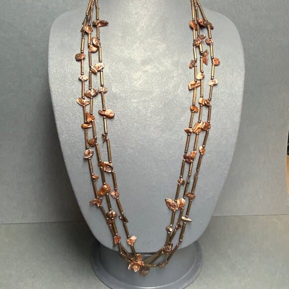 Vintage Jewelry - Vintage Triple Strand Necklace 38 In Copper Brown Shell Metal Beads MOP Retro